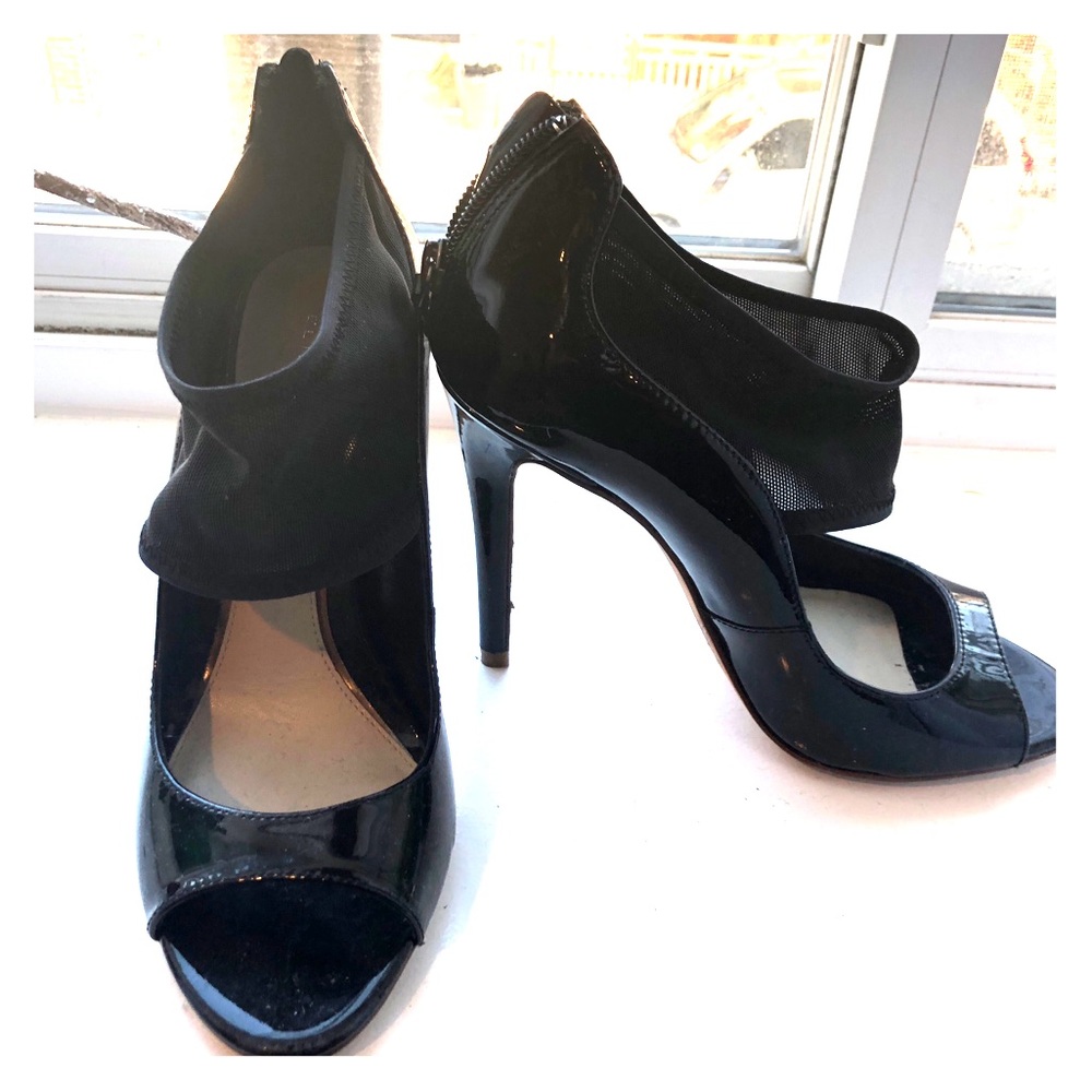 Elie Tahari Mesh Open Toe Patent Leather Pumps